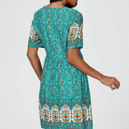 Print Boho Mini Dress In Green