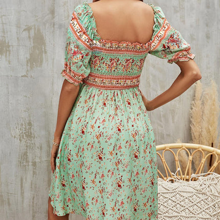 Boho Mini Dress With Pink Floral Print In Mint Green