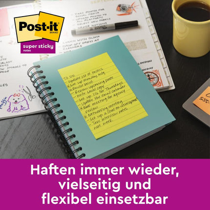 Post-it® Super Sticky Notes im Großformat, Verschiedene Farben, Liniert, 101 mm x 152 mm, Promotion, 90 Blatt/Block, 4 Blöcke + 2 Gratis/Packung, 100% PEFC, SGSCH-PEFC-COC-110078 | Packung (1 Stück)