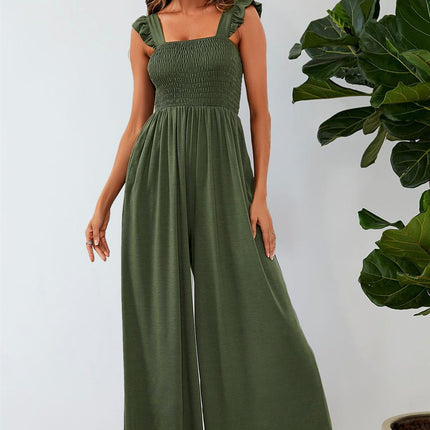 Frill Detail Strappy Jumpsuit In Olive