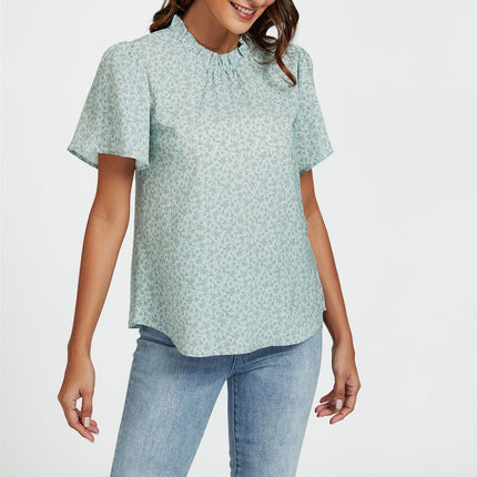 Grey Little Floral Print Angle Sleeve High Neck Top/Blouse In Blue