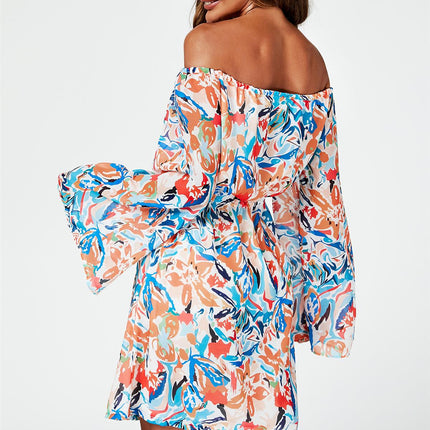 Flute Sleeve Bardot Dress With Tie Detail In Orange