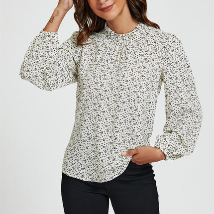 Little Floral Print Frill Detail High Neck Top In White