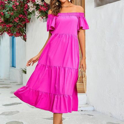 Off Shoulder Bardot Frill Midi Dress In Fuchsia Pink