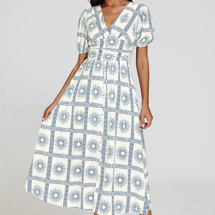 Geo Print Midi V neckline Dress In White
