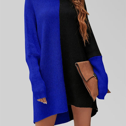 High Neck Half Forest Blue & Black Block Colour Jumper Top