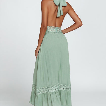 Lace Detail Adjustable Deep V Neckline Maxi Dress In Green