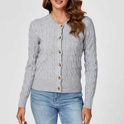 Cable-Knit Crewneck Cardigan In Grey