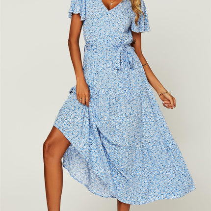 Floral Print Hem Tiered Wrap Midi Dress In Blue