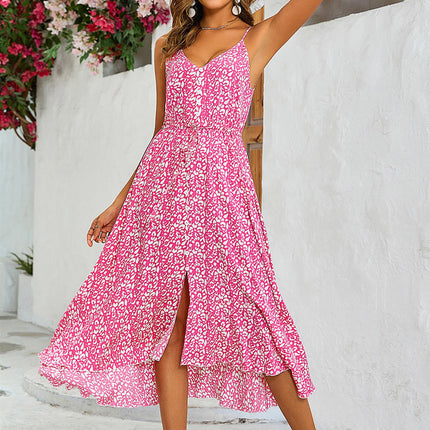 Leopard Print Button Down High Low Strappy Dress In Fuchsia Pink
