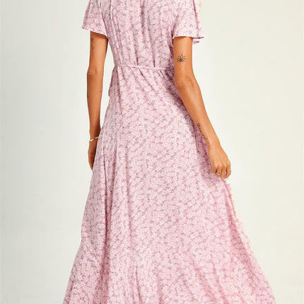 Summer Floral Print Hem Wrap Midi Dress In Pink