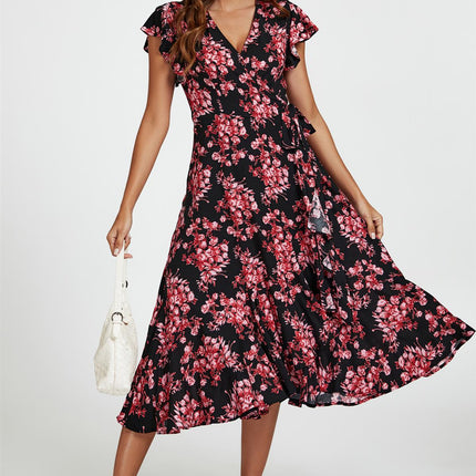 Pink Floral Frill Sleeve Midi Wrap Dress In Black