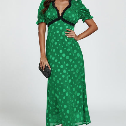 Polka Dot Jacquard Lace Trim Midi Dress In Green