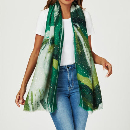 Gold Foil Abstract Brush Print Fringed edges Scarf In Green