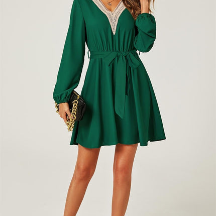 Lace Trim V Neck Mini Dress In Green
