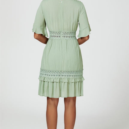 V Neck Lace Mini Dress In Green