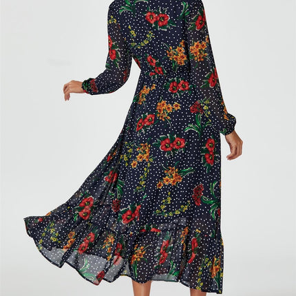 Floral Dot Print Maxi Dress In Navy