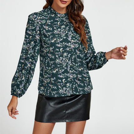 Bird & Floral Print Frill Detail High Neck Top In Green