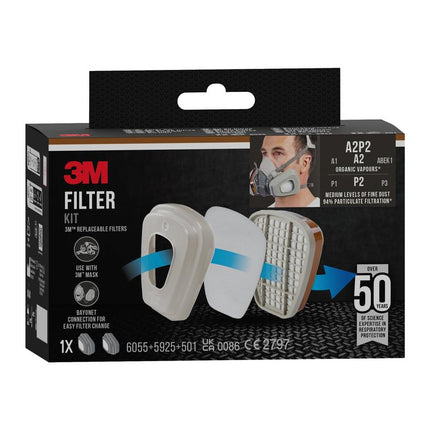Auslaufartikel: 3M™ Filtersatz 6002-1, A2P2 organische Dämpfe (2x6055, 2x5925, 2x501) | Packung (1 Stück)