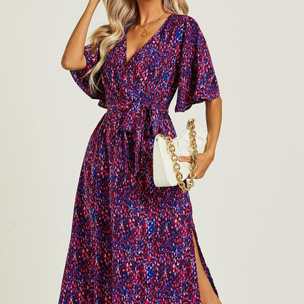 Angel Sleeve Wrap Top Midi Dress In Blue