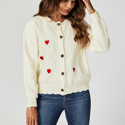 Heart Embroidered Knitted Cardigan In Cream