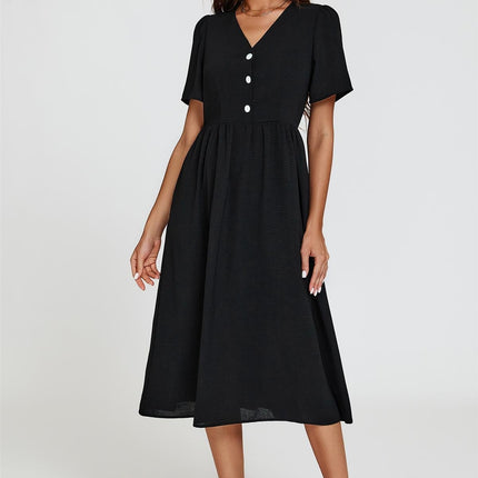 Button Front Midi Dress In Black