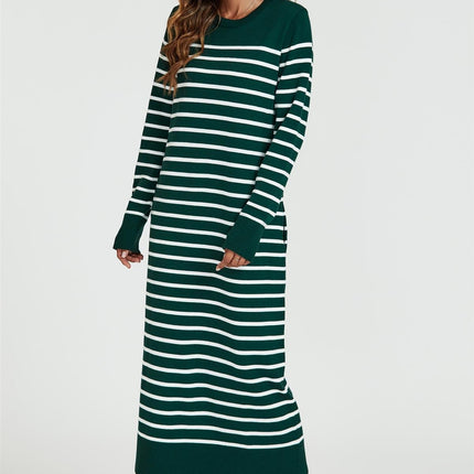 Stripe Pattern Knitted Tunic Jumper Dress In Dark Green