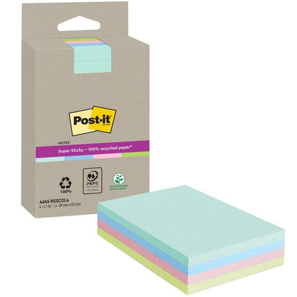 Post-it® Super Sticky 100 % Recycling Notes, Verschiedene Farben, Liniert, 102 mm x 152 mm, 45 Blatt/Block, 4 Blöcke/Packung, 100% PEFC, SGSCH-PEFC-COC-110078 | Packung (1 Stück)