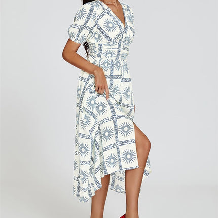 Geo Print Midi V neckline Dress In White
