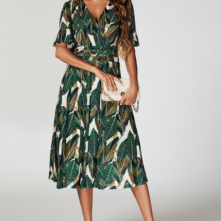 Leaf Print Mesh Midi Dress In Green