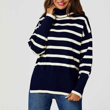 Stripes Pattern Turtleneck Jumper Top In Navy