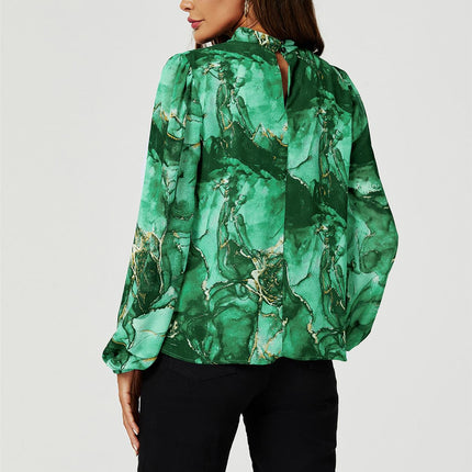 Marble Print Long Sleeve High Neck Top In Light Green