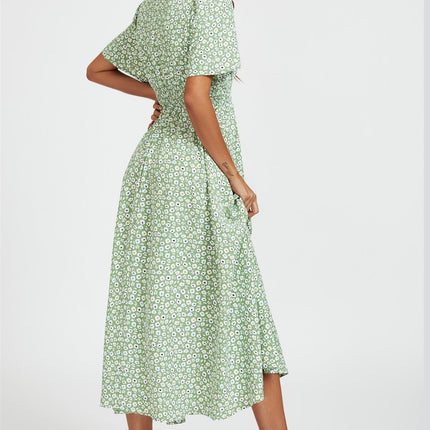 Multi Floral Print V Neck Midi Dress In Green