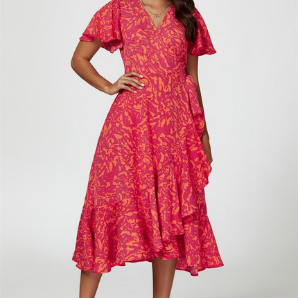 Abstract Print Midi Wrap Dress In Fuchsia