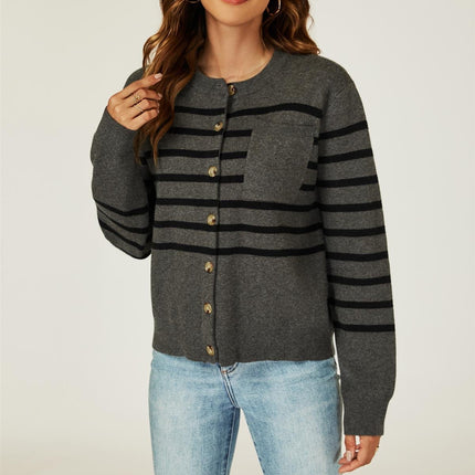 Pocket Stripe Knitted Cardigan In Dark Grey