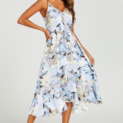 Floral Print Button Down High Low Strappy Dress In Blue