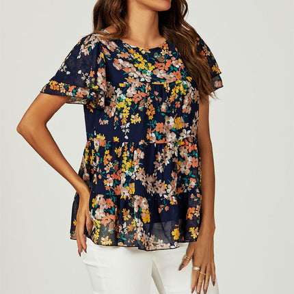 Floral Print Hem Tiered Smock Short Sleeve Blouse Top In Navy