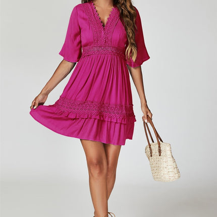 V Neck Lace Mini Dress In Fuchsia