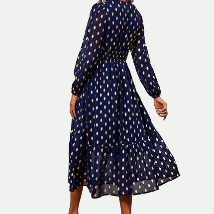 Lace Trim Foil Long Sleeve Maxi Dress In Navy