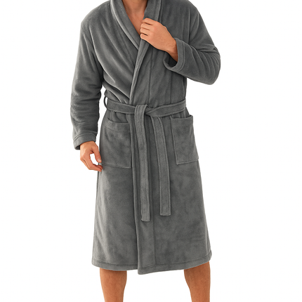 Premium Bademantel Eden » weiches Korallenfleece 350 g/m² » langer Saunamantel mit aufgesetzten Taschen » Morgenmantel 116 cm lang » unisex in Grau