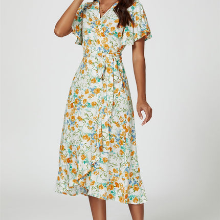Floral Print Angel Sleeve Wrap Midi Dress In Yellow