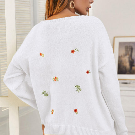 Embroidery Floral V Neck Jumper In White