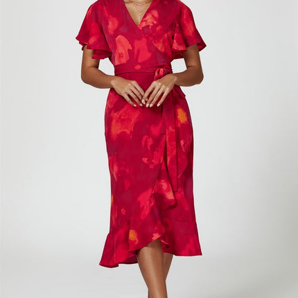 Abstract Print Angel Sleeve Wrap Midi Dress In Red