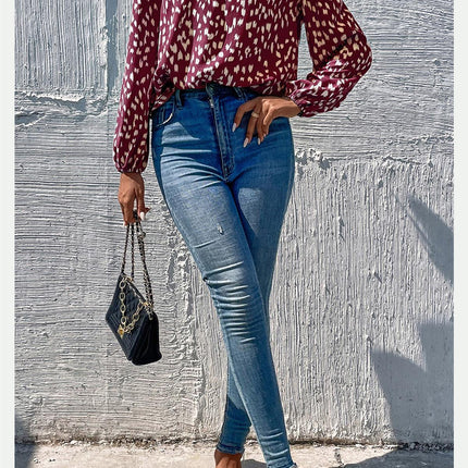 Animal Print Frill Detail High Neck Top In Wine