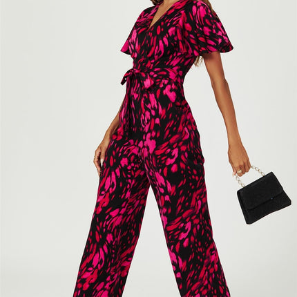 Pink Abstract Print Wrap Top Jumpsuit In Black