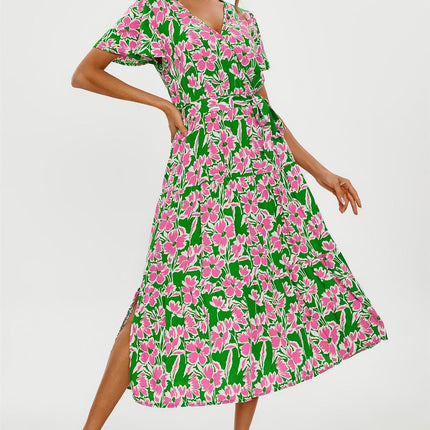 Pink Floral Print Hem Tiered Wrap Midi Dress In Green