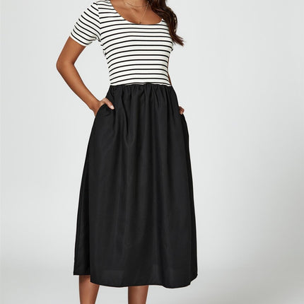 Short Sleeve Black Stripe Midi Dress In White