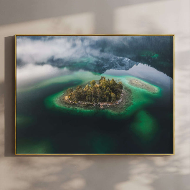 Eibsee Aerial Island Print – Bavarian Alps Landscape Photography Wall Art