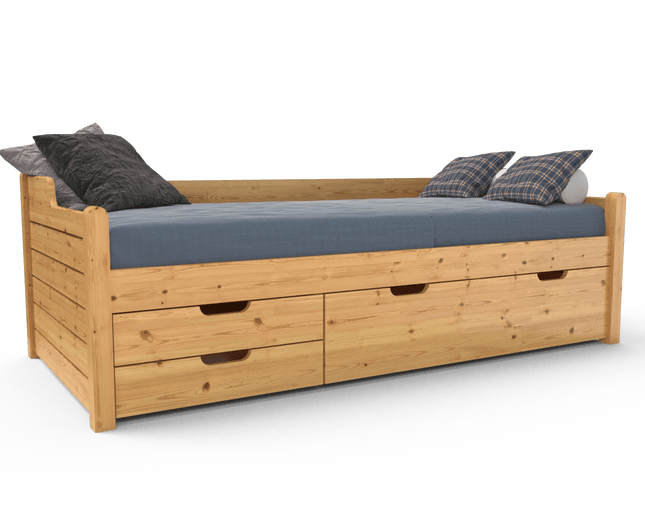 SEO. Einzelbett 90x200cm | 3 - Schubladen | 100% Bio - Kiefer Massivholz Gästebett - Natur Linkreich