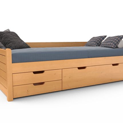 SEO. Einzelbett 90x200cm Bio-Kiefer Massivholz mit 3 Schubladen als Gästebett - Capuccino Linkreich